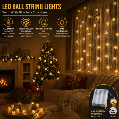 Moroccan Metal Ball LED String Lights in a cozy living room setting with warm white glow.