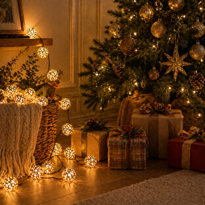 Decorated Christmas tree with Moroccan Metal Ball LED String Lights and presents in a warm, cozy room.
