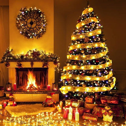 Decorated Christmas tree with New Christmas Tree Ribbon Lights and presents in a living room with a fireplace.