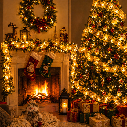 Cozy living room with Christmas tree, stockings, New Christmas Tree Ribbon Lights and fireplace.