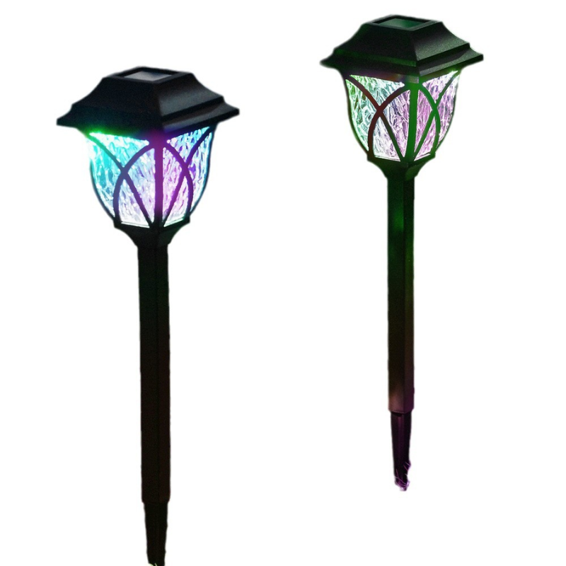 Two Outdoor Solar Garden Path Lights with colorful designs on a white background