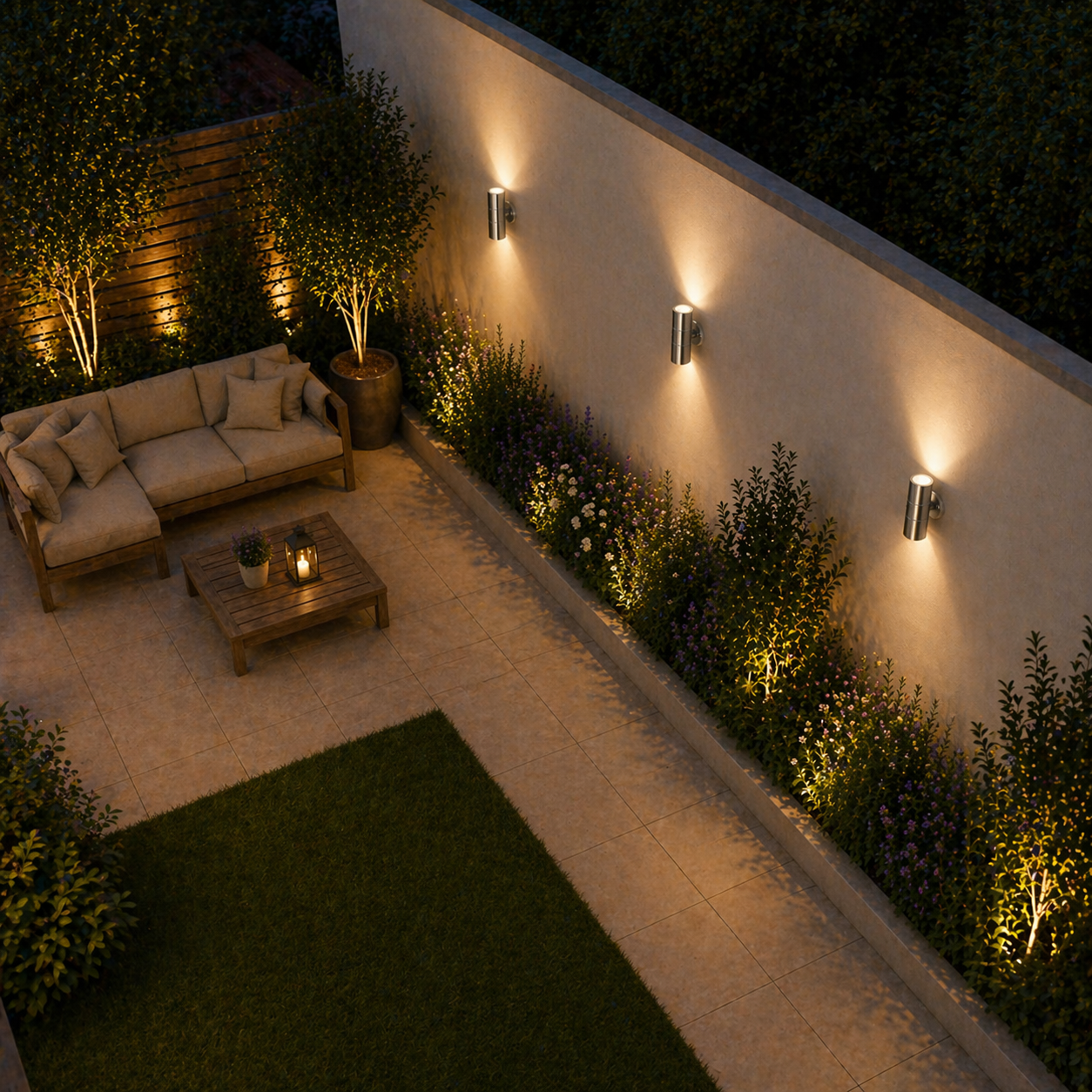 Outdoor Wall Lights Waterproof – Up & Down in Outdoor patio area with a couch, table, and wall lights at night.
