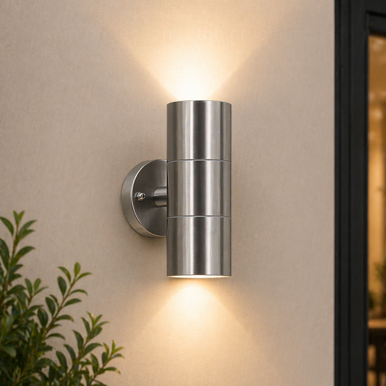 Outdoor Wall Lights Waterproof – Up & Down fixture on a beige wall with a plant in the foreground.