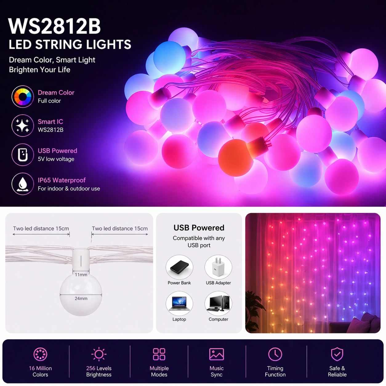 RGB Solar Ball String Lights and product features on a dark background