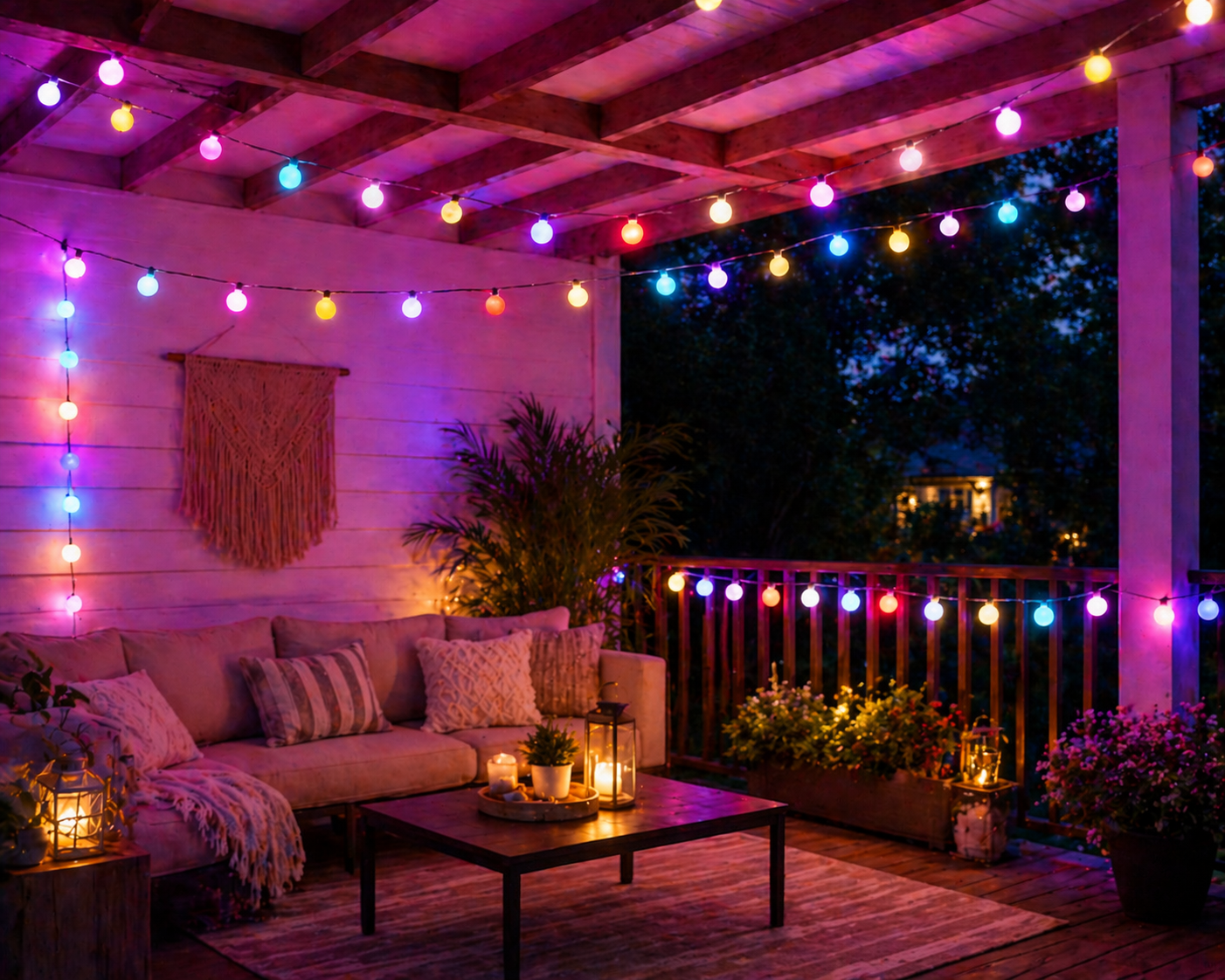Outdoor patio with RGB Solar Ball String Lights, sofa, and coffee table under a wooden pergola.