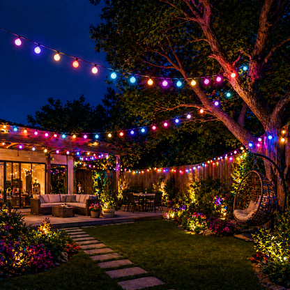 Backyard at night with RGB Solar Ball String Lights and outdoor furniture