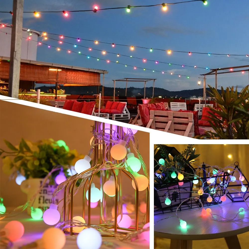 RGB Solar Ball String Lights in various settings including a rooftop, indoor plant, and table.