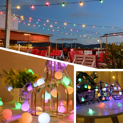 RGB Solar Ball String Lights in various settings including a rooftop, indoor plant, and table.