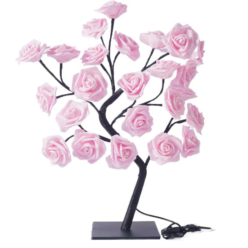 Rose Tree LED Table Lamp with pink roses on a white background