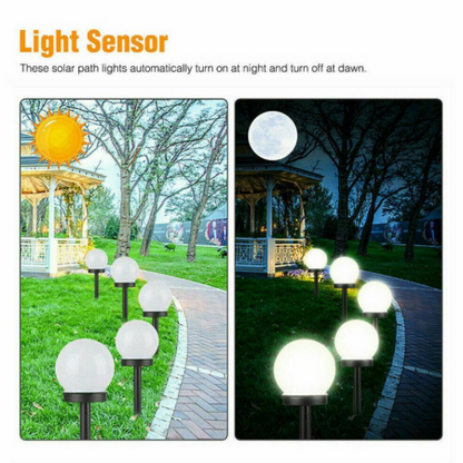 Solar Ball Garden Lights Outdoor with light sensor feature, showing operation during day and night.