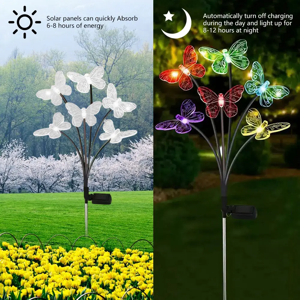 Solar Butterfly Garden Lights with text about energy absorption and timing.