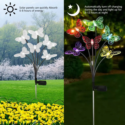 Solar Butterfly Garden Lights with text about energy absorption and timing.