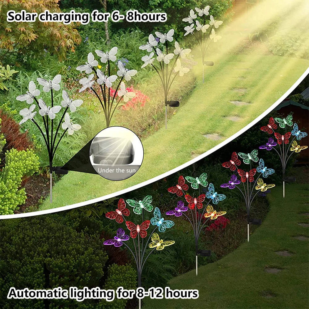 Solar Butterfly Garden Lights in a garden setting with text indicating charging and lighting times.