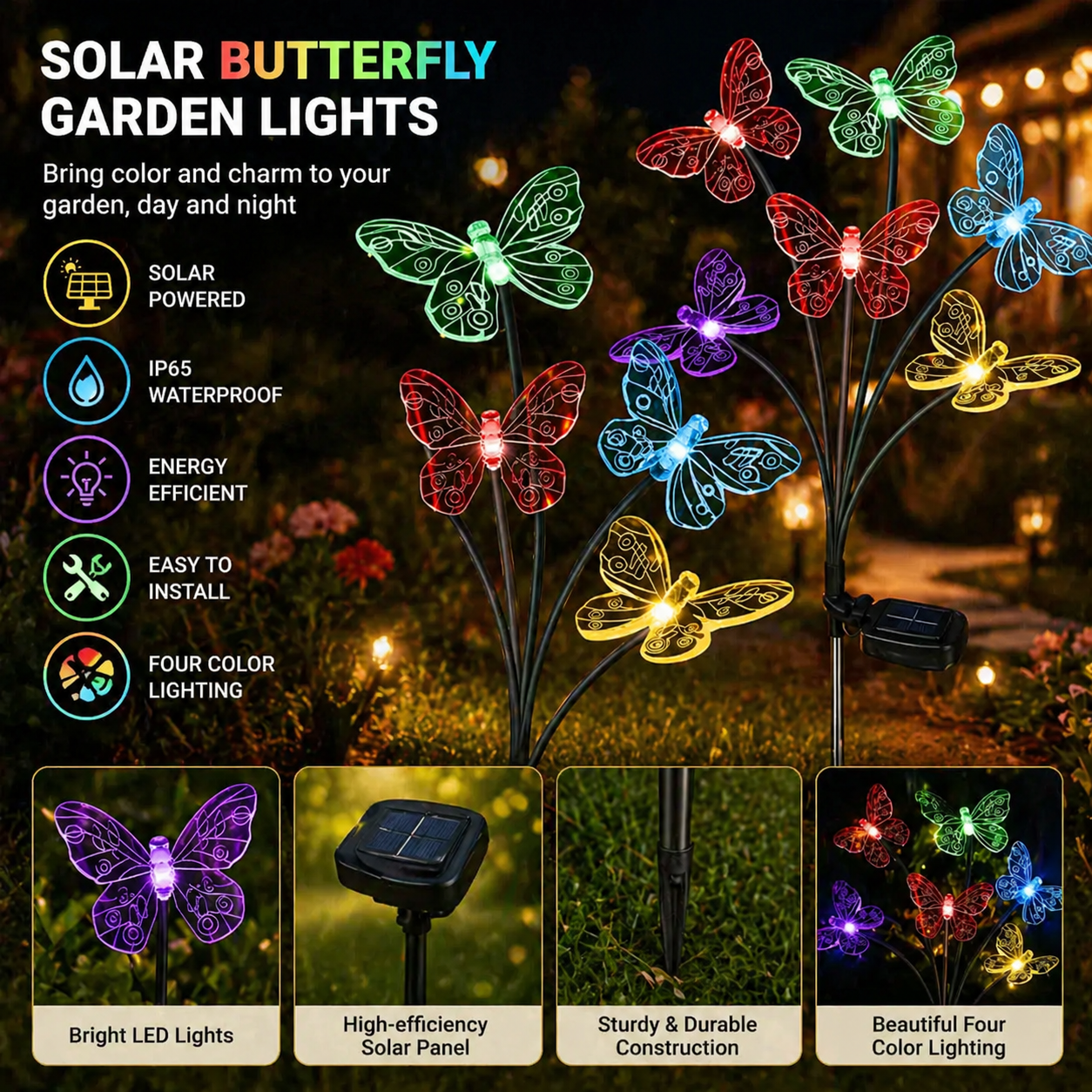 Solar Butterfly Garden Lights with colorful lighting effects in a garden setting.