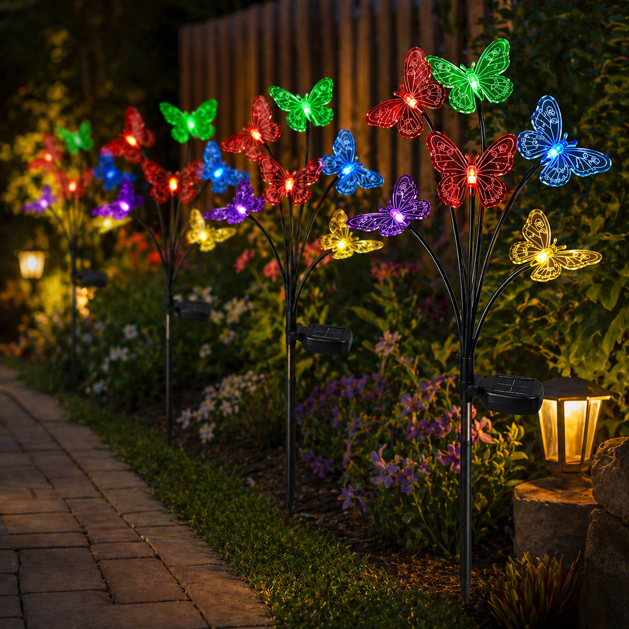 Colorful Solar Butterfly Garden Lights in a garden setting with a pathway.