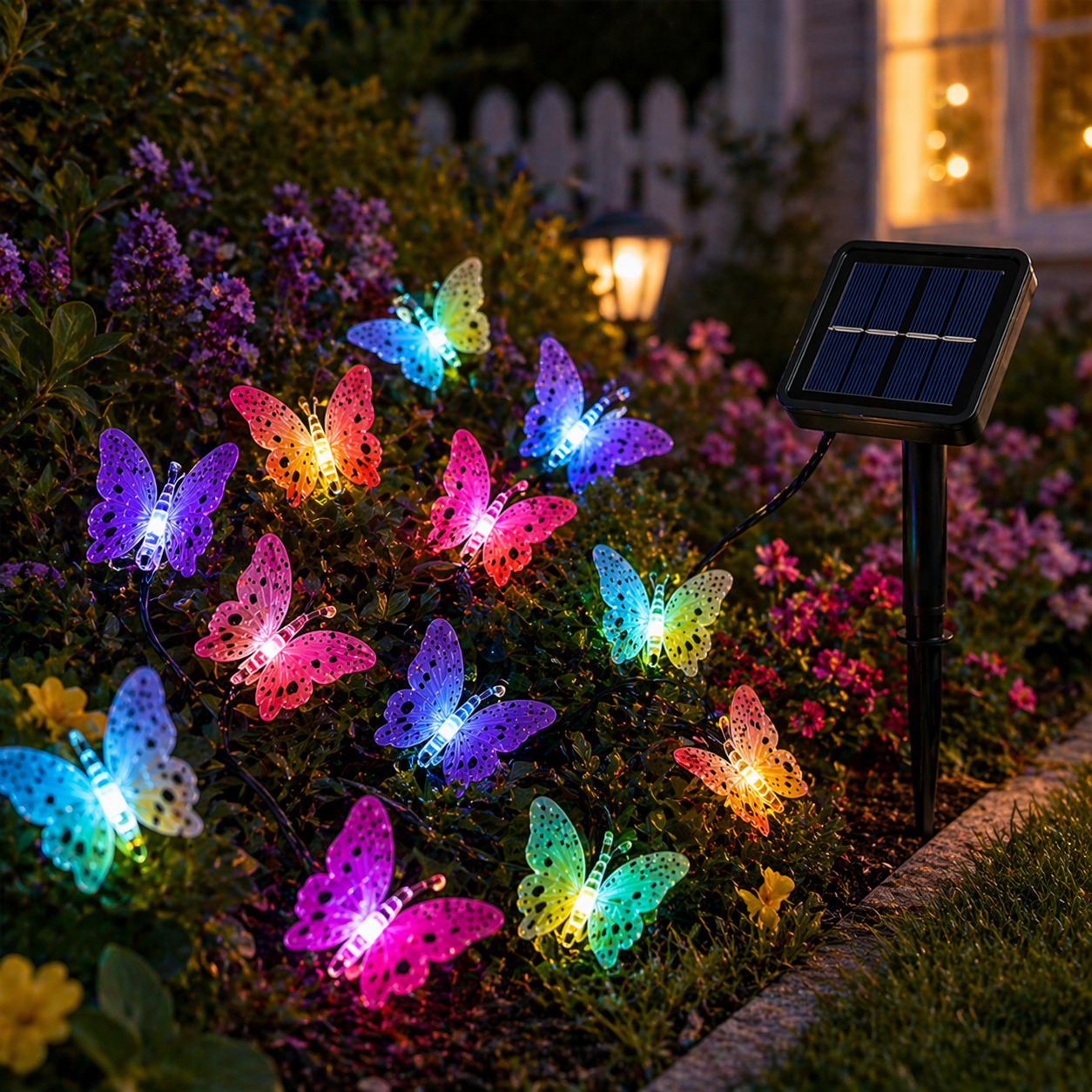 Solar Butterfly String Lights Outdoor on a garden path at night.