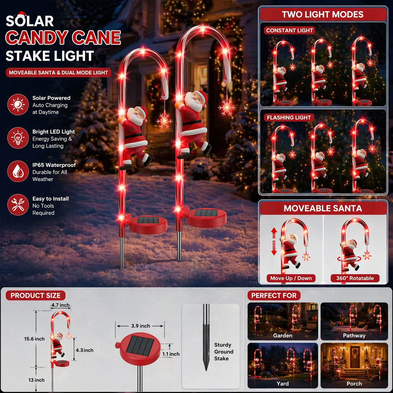 Solar Candy Cane Lights Outdoor with Santa Claus figure, featuring two light modes and product details.