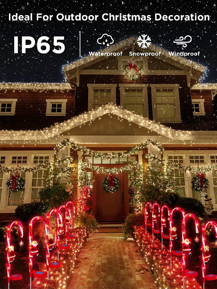 Decorated house with Solar Candy Cane Lights Outdoor and IP65 rating text
