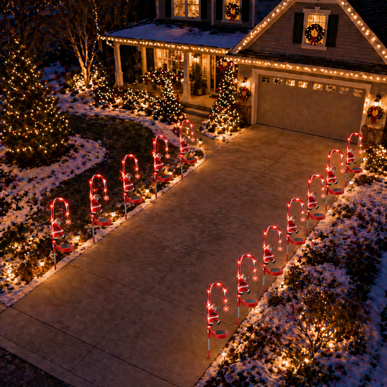 Solar Candy Cane Lights Outdoor spelling 'Merry Christmas' in front of a house with snow on the ground.