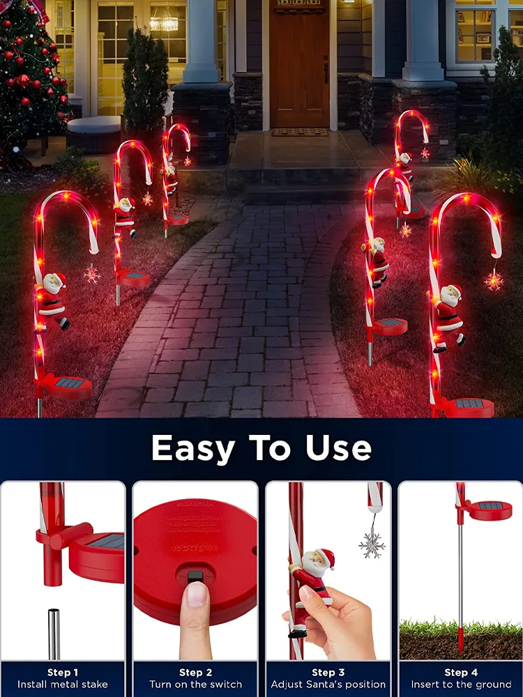 Solar Candy Cane Lights Outdoor on a patio with installation steps shown below.
