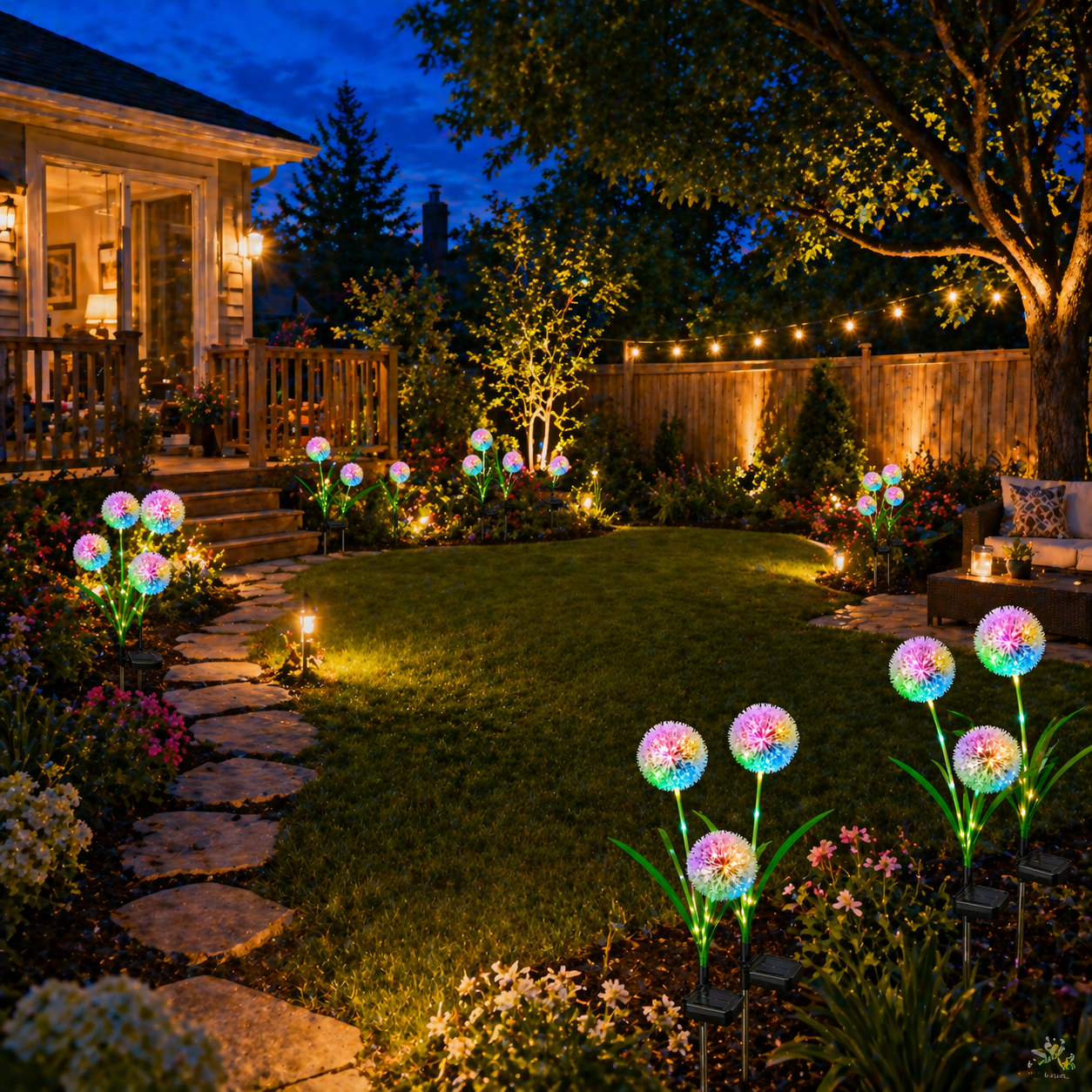 Backyard garden at night with Solar Dandelion Garden Lights and a stone path.
