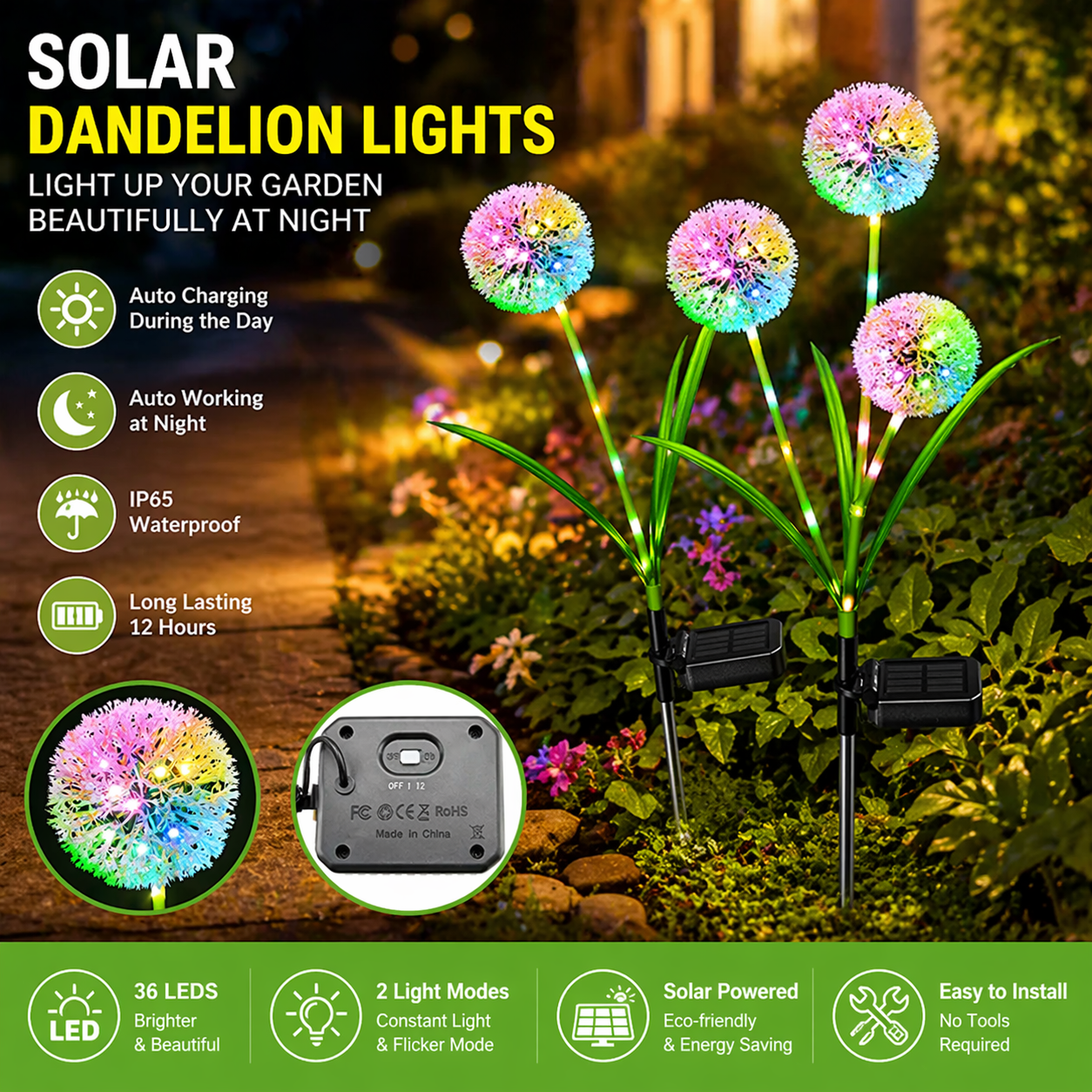 Solar Dandelion Garden Lights with colorful LED lights in a garden setting, featuring text about their features.