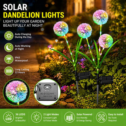 Solar Dandelion Garden Lights with colorful LED lights in a garden setting, featuring text about their features.