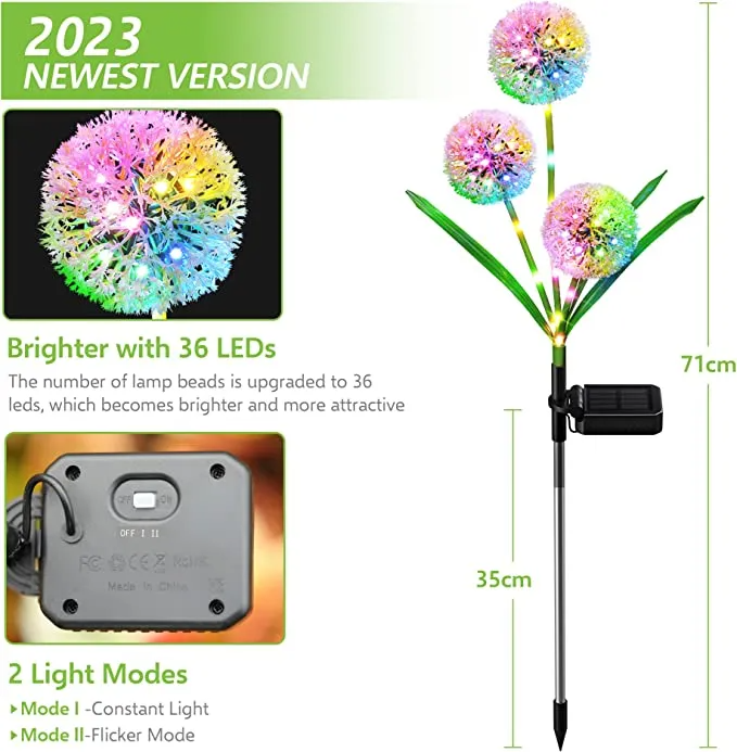 Solar Dandelion Garden Lights with features highlighted on a white background