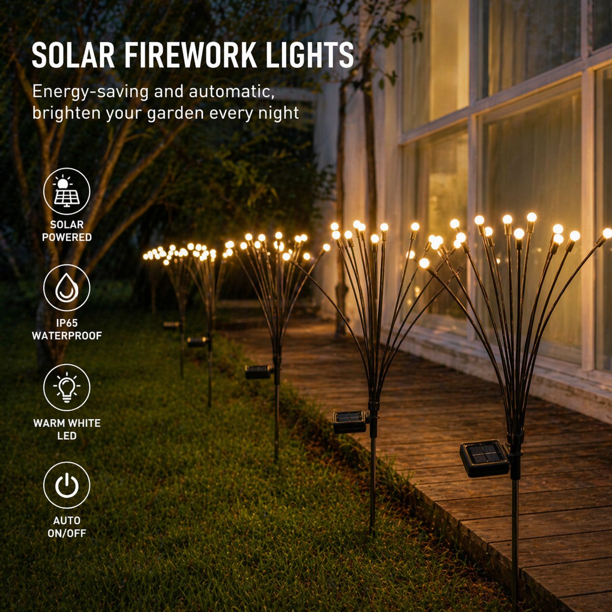Solar Firework Garden Lights on a garden pathway with product features displayed.