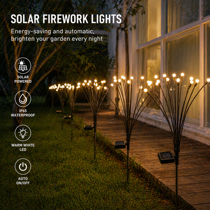 Solar Firework Garden Lights on a garden pathway with product features displayed.