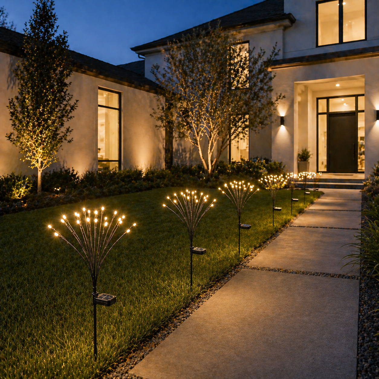 Solar Firework Garden Lights along a pathway in front of a house at night.