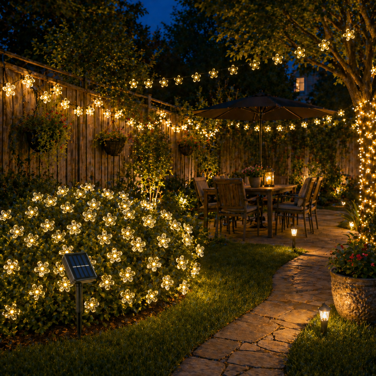 Solar Flower Fairy String Lights with string lights, table, and chairs.