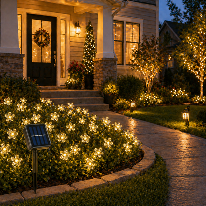 Solar Flower Fairy String Lights on a house exterior with solar lights and string lights.