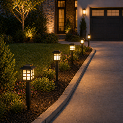 Glowing Solar Garden Path Lights Outdoor along a pathway in a garden at night.