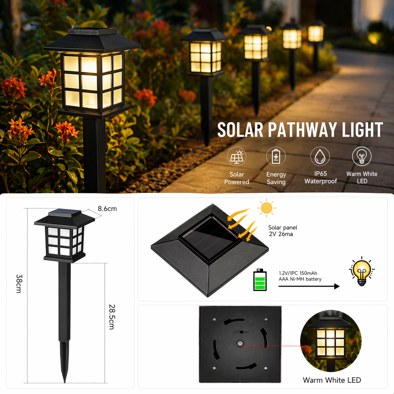 Solar Garden Path Lights Outdoor with features and specifications on a white background