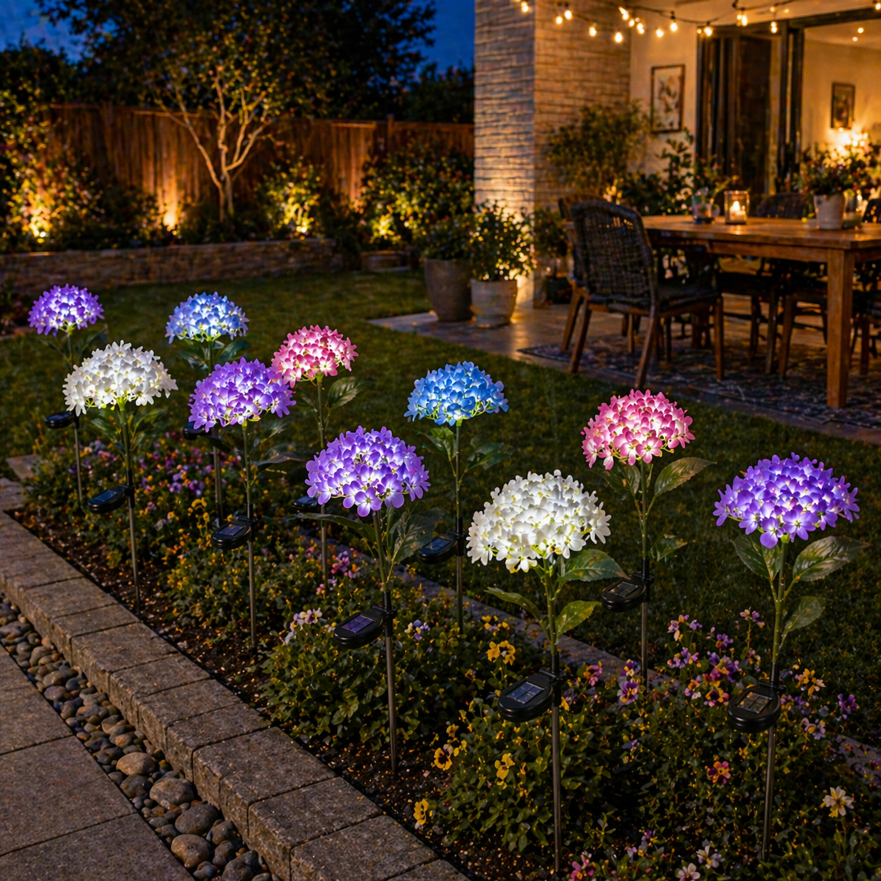 Solar Hydrangea Garden Lights in a garden setting with a dining area in the background.