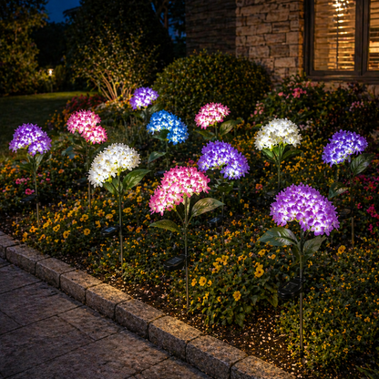 Solar Hydrangea Garden Lights in a garden at night.