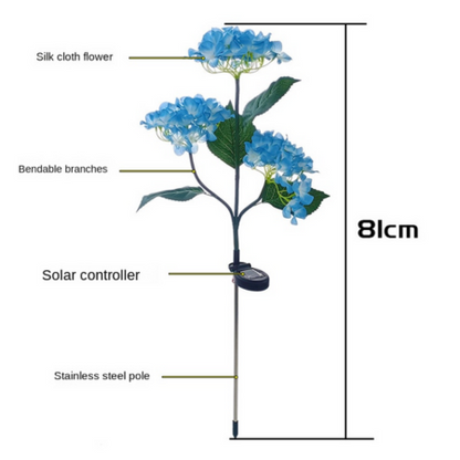 Solar Hydrangea Garden Lights with labeled parts and dimensions.