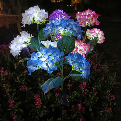 Solar Hydrangea Garden Lights with lights on a dark background
