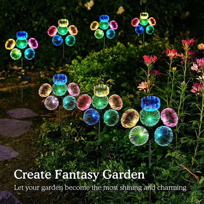 Solar Jellyfish Garden Lights on stakes in a garden setting with text 'Create Fantasy Garden'.