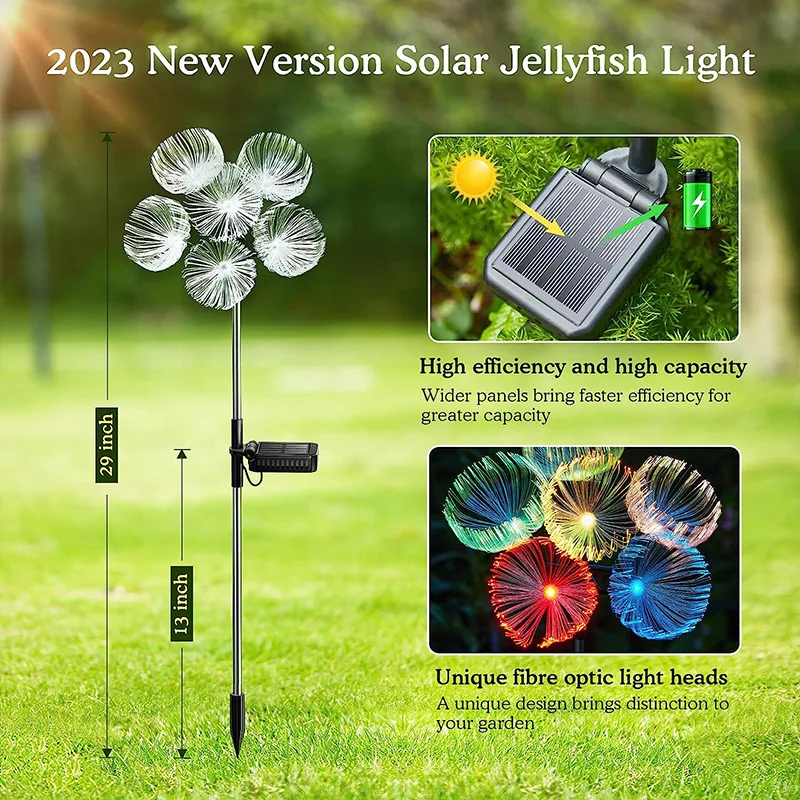 Solar Jellyfish Garden Lights with specifications and features on a grassy background