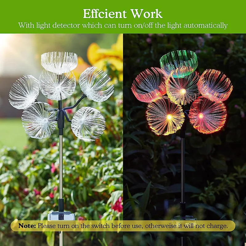Solar Jellyfish Garden Lights with light detector feature, one in daylight and one at night.