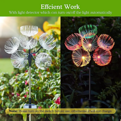 Solar Jellyfish Garden Lights with light detector feature, one in daylight and one at night.