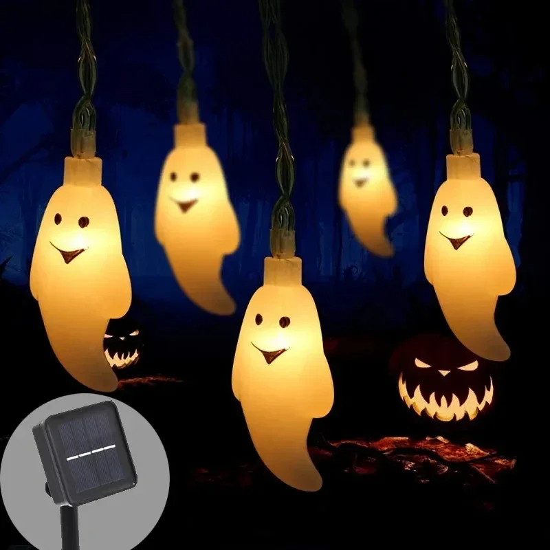 Halloween-themed Solar LED Ghost String Lights with ghost designs on a dark background.