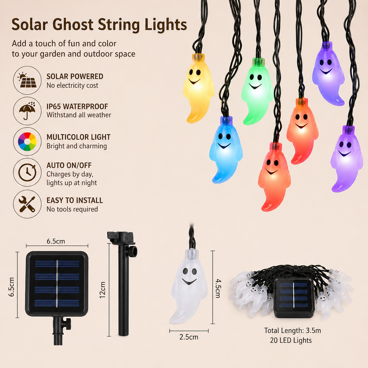 Solar LED Ghost String Lights with features and dimensions on a beige background