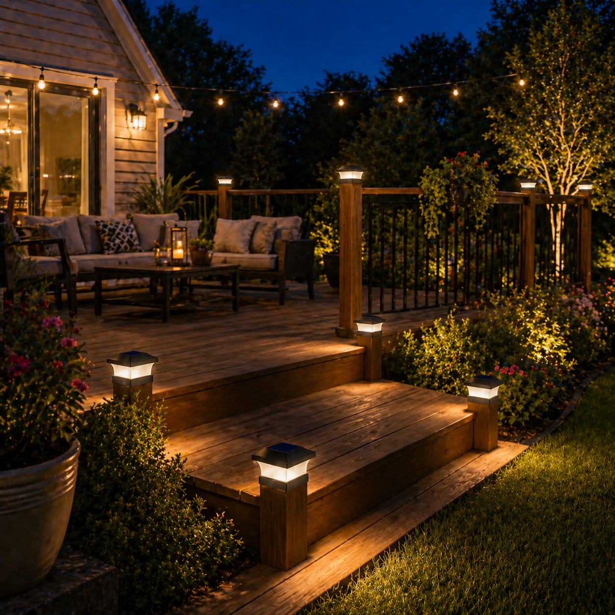 Outdoor patio area with wooden deck, seating, and Solar LED Post Deck Cap Light Fence at night.