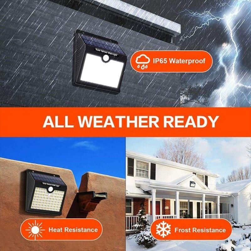 Solar Motion Sensor Lights 60 LED 4 pack features Weatherproof