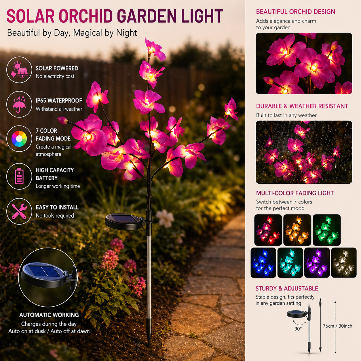 Solar Orchid Garden Lights Features