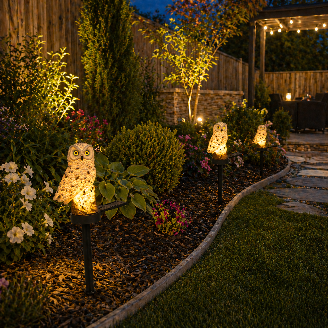 Garden pathway with Solar Owl Garden Lights Outdoor illuminating a well-maintained garden at night.