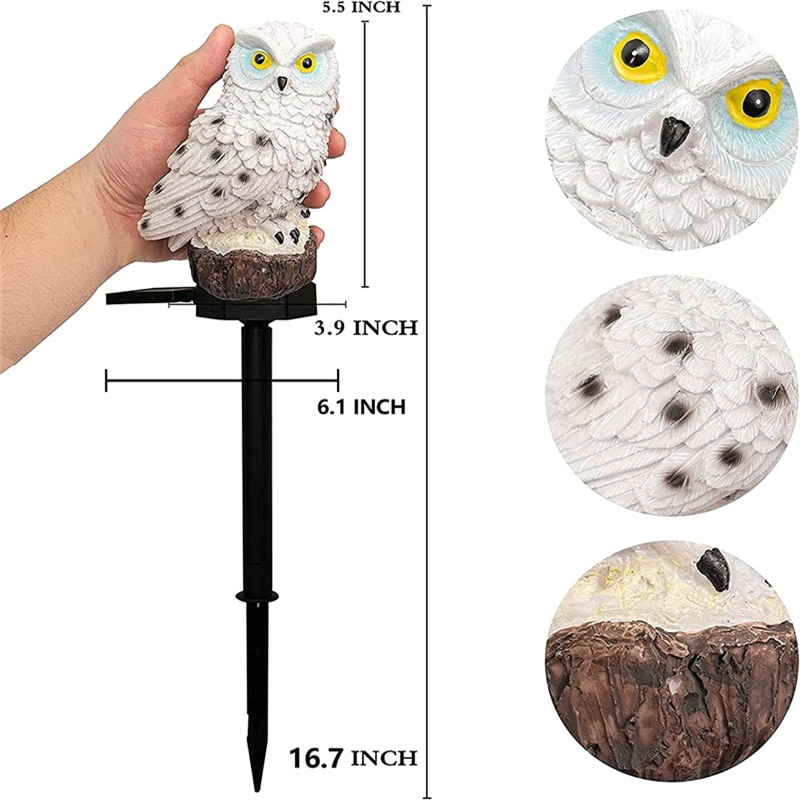 Solar Owl Garden Lights Outdoor with measurements on a white background